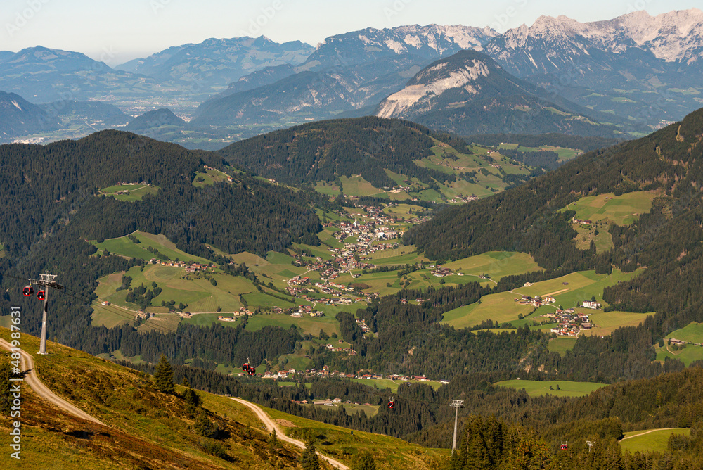 Panorama from mountain Schatzberg to valley Auffach,  Oberau, Wildschönau,  district Bezirk Kufstein in  Tyrol, Austria