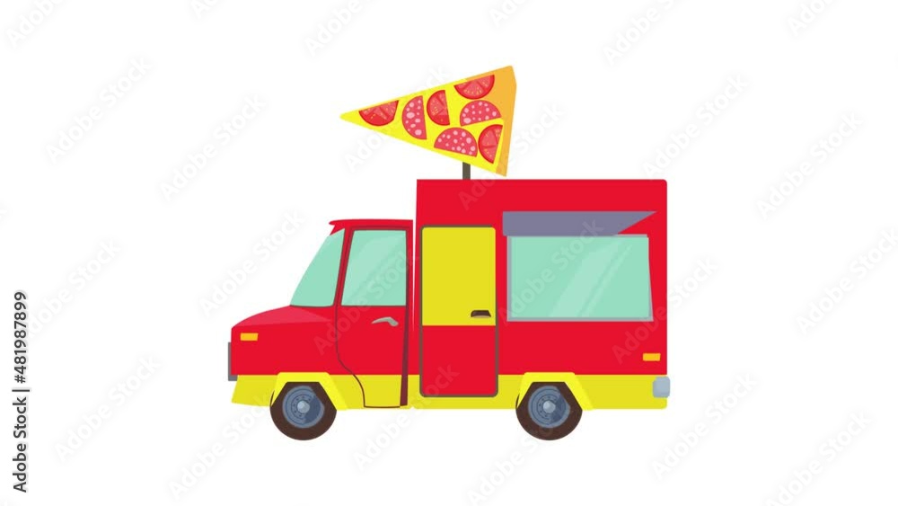 Food truck with slice of pizza icon animation best cartoon object on white background Food truck with slice of pizza icon animation best cartoon object on white background