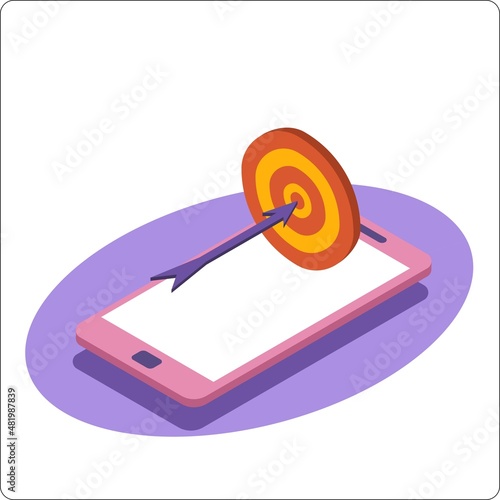 Phone mockup and successful hitting the target. 3d isometric vector illustration. Popular flat colors.