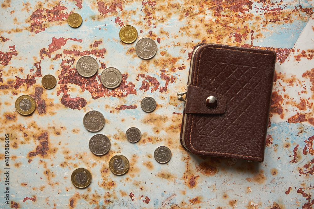 monety i brązowy portfel na blaszanym stole,polski złoty	 - obrazy, fototapety, plakaty 