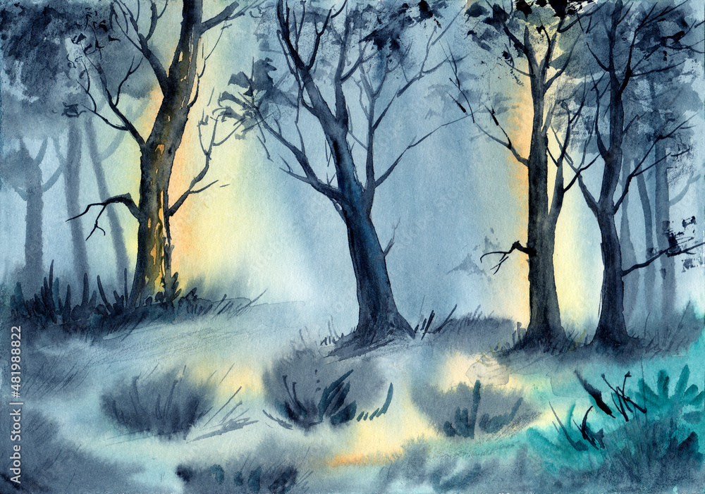 Watercolor illustration of a mystical forest with gnarled silhouettes of trees on a yellow-blue background