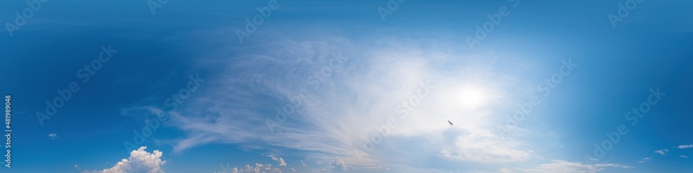 Blue sky panorama with Cirrus clouds. Seamless hdr 360 degree pano in spherical equirectangular format. Sky dome or zenith for 3D visualization, game and sky replacement for aerial drone 360 panoramas