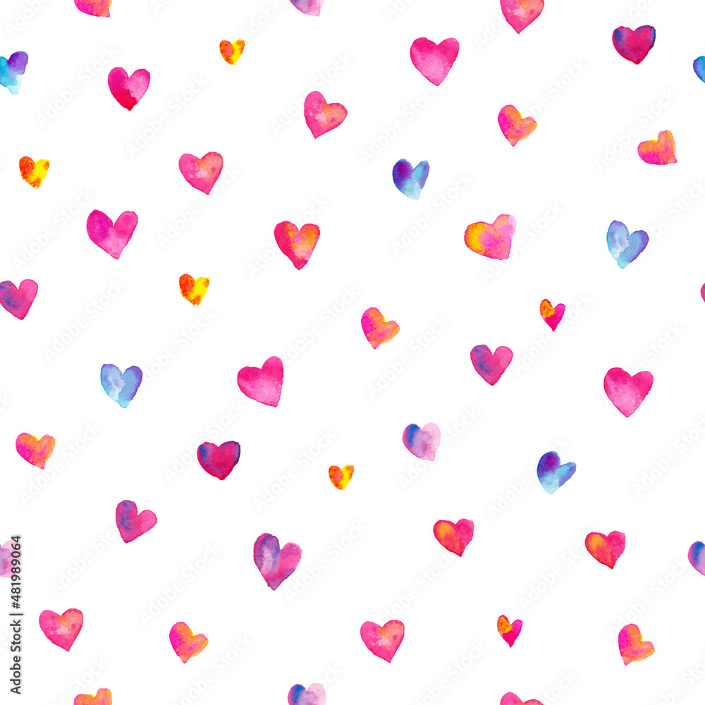 Hand drawn watercolor seamless pattern with heart shapes in red, purple and pink colors