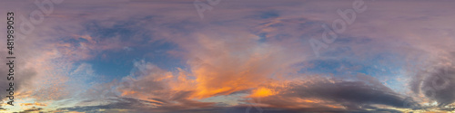 Red burning sunset sky panorama with Cumulus clouds. Seamless hdr 360 pano in spherical equirectangular format. Complete zenith for 3D visualization, game, sky replacement for aerial drone panoramas