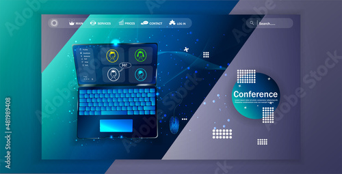 Online business conference, online meeting, vector analytics of company information. The concept of a business training or courses. Brainstorming over new ideas. Vector illustration