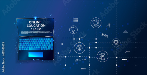 Digital Vector illustration. Low poly wireframe online education blue background or concept with opened book. Online reading or courses. Digital Classroom Online Education.