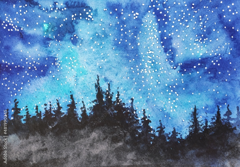 Trees on the background of the starry sky in watercolor.