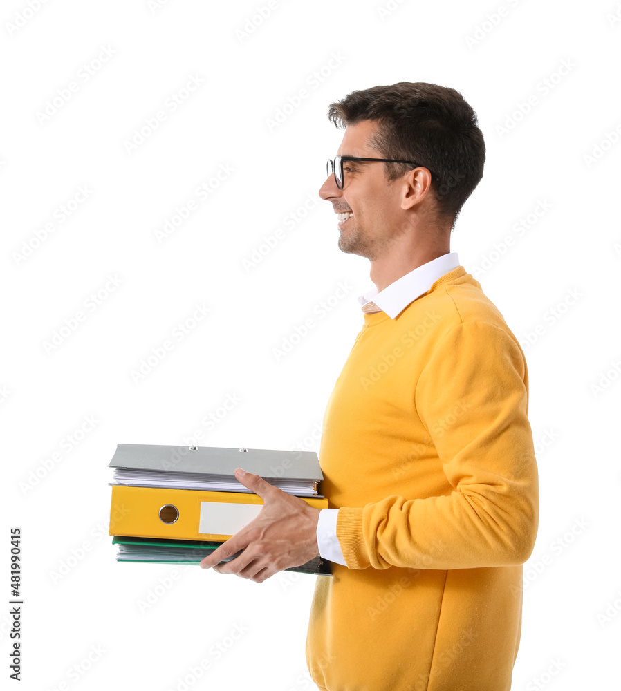 Young man with folders on white background Young man with folders on white background
