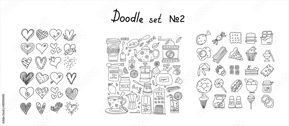 Big set of hand drawn coffee and tea doodles. A set of isolated vector ...