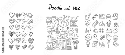 Big set of hand drawn coffee and tea doodles. A set of isolated vector drawings hearts, snacks, fast food products. Hand-drawn sweets, desserts, snacks, drinks, popcorn, American food and English