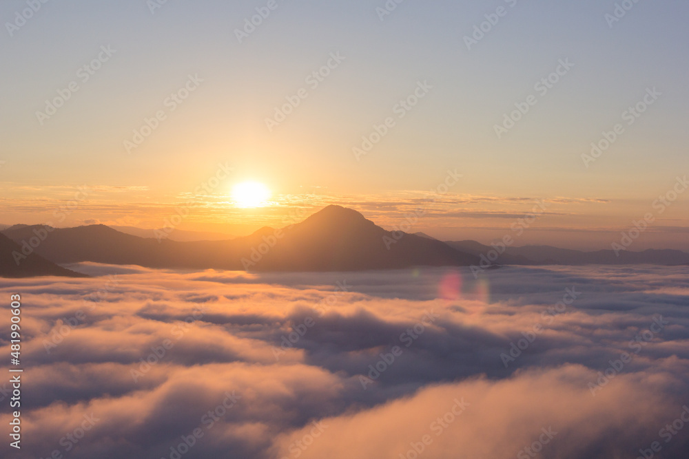 Beautiful sunlight and fog at Phu Thok Mountain at Chiang Khan ,Loei Province in Thailand