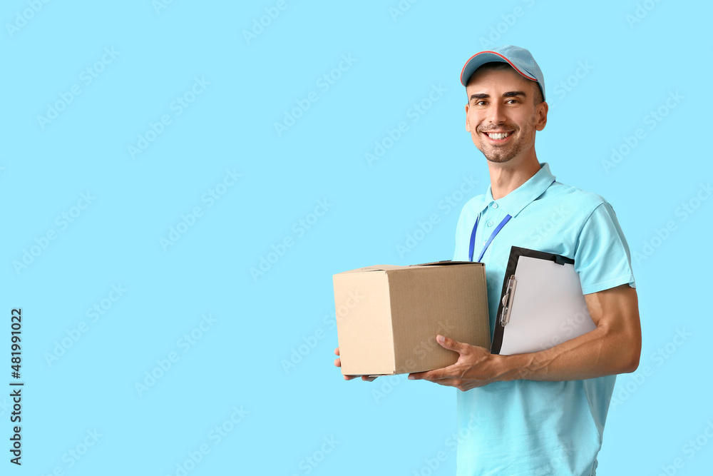 Male courier with parcel and clipboard on color background Male courier with parcel and clipboard on color background