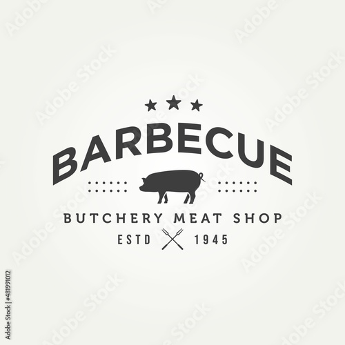 vintage retro pork barbecue bbq grill restaurant typography logo. silhouette pig with retro styled butchery meat shop emblem logo template vector illustration design