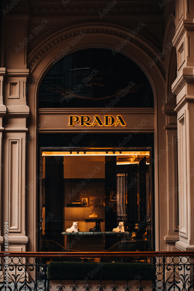 Facade of Prada boutique inside the famous shopping mall in Moscow GUM.  Prada is an Italian fashion label specializing in luxury goods for men and  women. Stock Photo | Adobe Stock