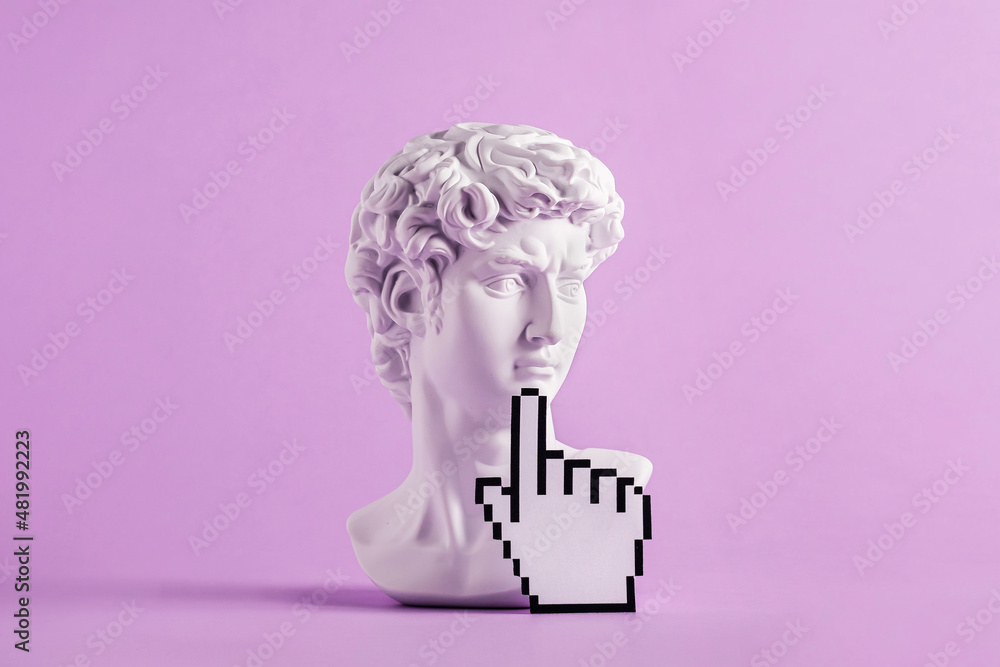 Historical antique statue of david's head and mouse cursor with finger - obrazy, fototapety, plakaty 