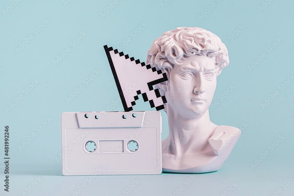 Antique statue is bust of David and pixel mouse pointer and audio cassette. - obrazy, fototapety, plakaty 