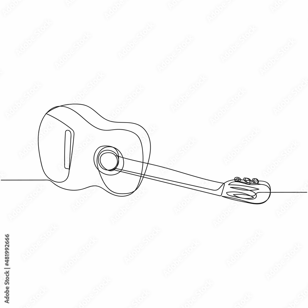 Continuous one simple single abstract line drawing of acoustic guitar in silhouette on a white background. Linear stylized. Continuous one simple single abstract line drawing of acoustic guitar in silhouette on a white background. Linear stylized.