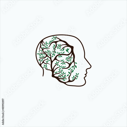 Human head with lush leaves. Nature vintage logo design