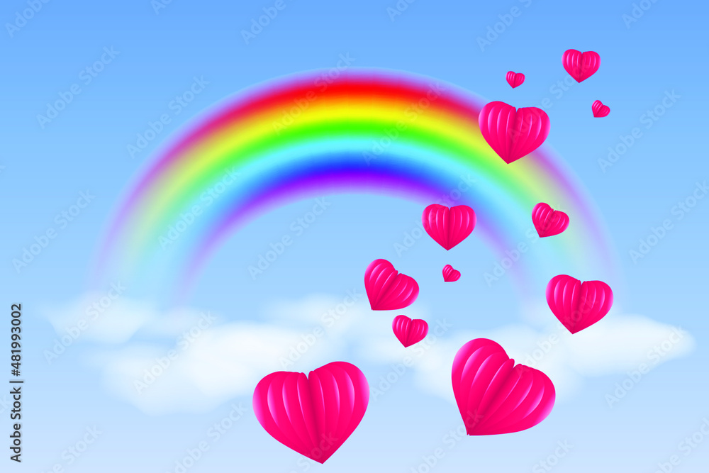 Flying hearts. Blue sky, white clouds, rainbow and 3d red hearts. Holiday background for Valentine's day, Wedding, Mother's Day