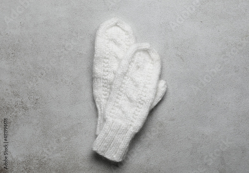 Pair of knitted mittens on light background