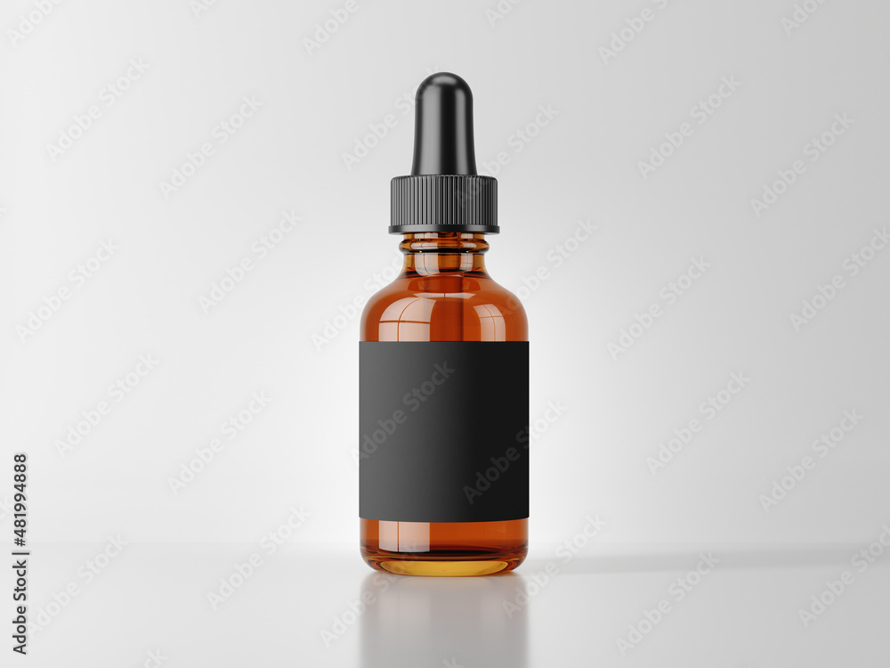 Vape bottle with liquid and blank black label on white background. 3d rendering mockup template
