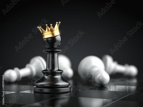 Fotografiet Chess pawn with crown on chess board game