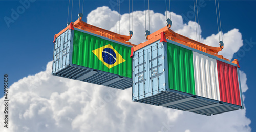 Freight containers with Brazil and Italy national flags. 3D Rendering 