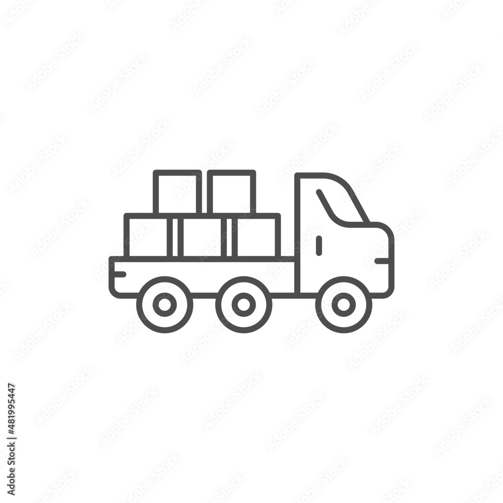 Flatbed truck line icon. linear style sign for mobile concept and web design. Truck with Bricks outline vector icon. Construction machines symbol, logo illustration. Pixel perfect vector graphics