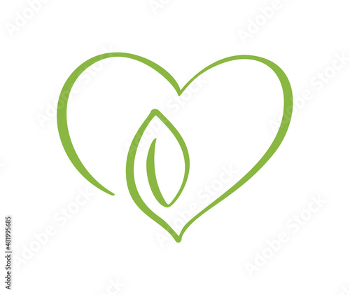 Green vector icon heart shape and leaf. Can be used for eco, vegan herbal healthcare or nature care concept organic logo design