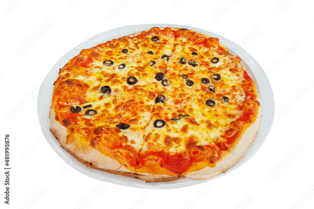 Italian pizza, Pizza Margarita with mozzarella cheese and black olives in white plate isolated on white background, template for your design and menu of restaurant, With clipping path included.