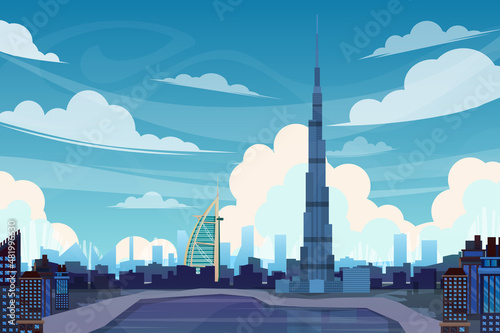 Fototapete Beautiful landscape with Burj Khalifa blue building in Dubai vector