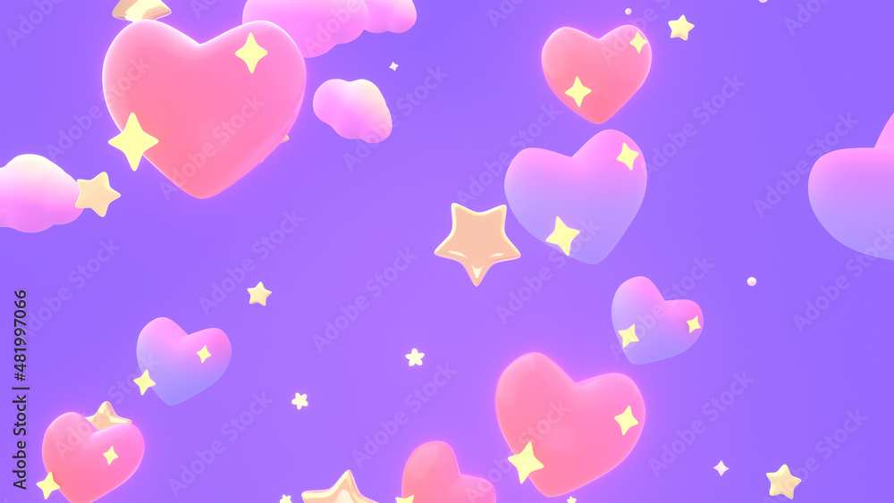 3d rendered glowing pink hearts and stars in the purple sky.