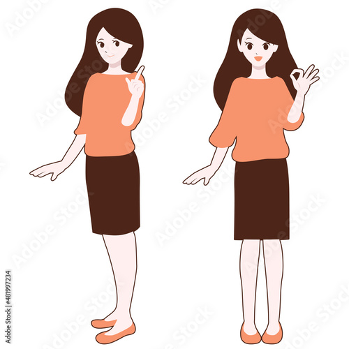 手でサインする女性の全身イラスト