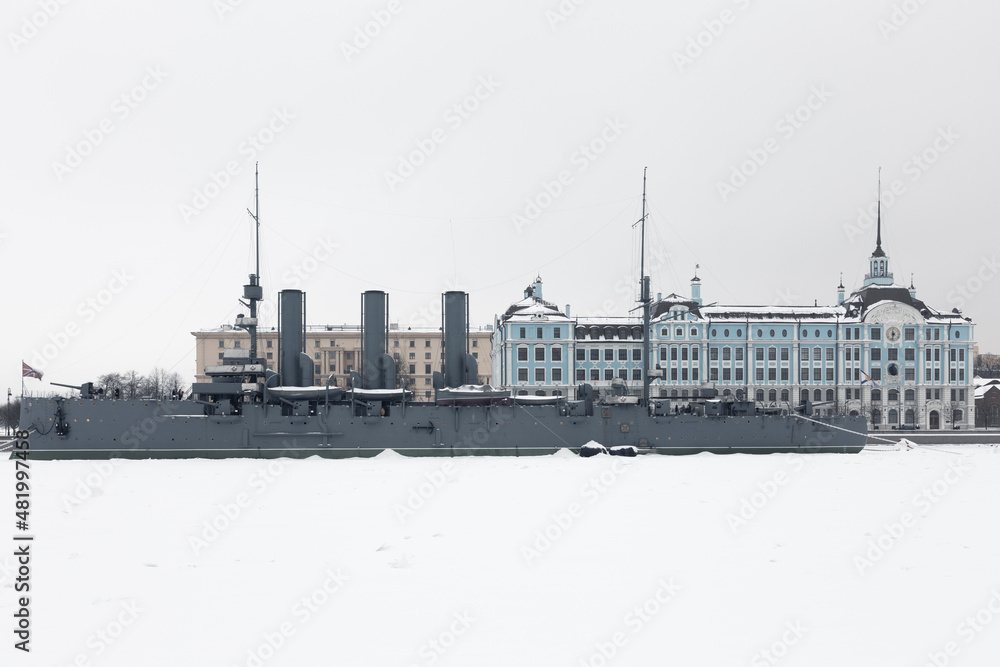 Old military ship cruiser Avrora at winter, symbol of Russian revolution, St. Petersburg, Russia