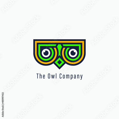 The owl eyes with yellow and green colors. Simple and modern logo design for education and school