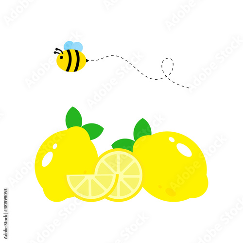 Honey bees with yellow lemon fruit and natural fresh juices.