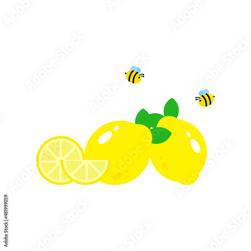 Honey bees with yellow lemon fruit and natural fresh juices.