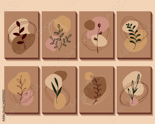 Abstract botanic decorative posters for wall art. Simple linear leafage in flat minimalism style. Cozy aesthetics vector illustration with elements of nature and elegance.

