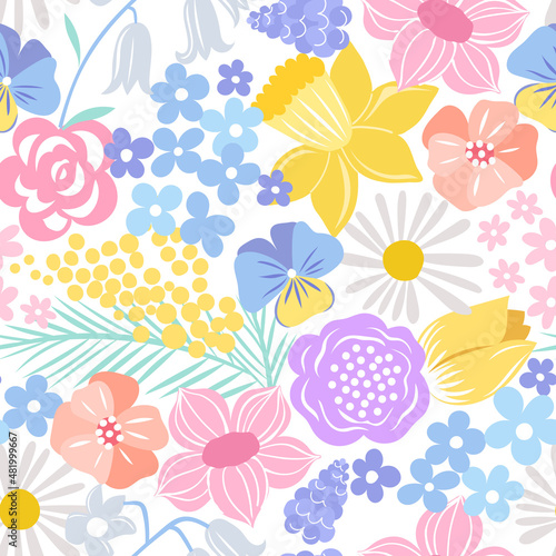 Spring hand drawn flower seamless pattern. Spring floral background