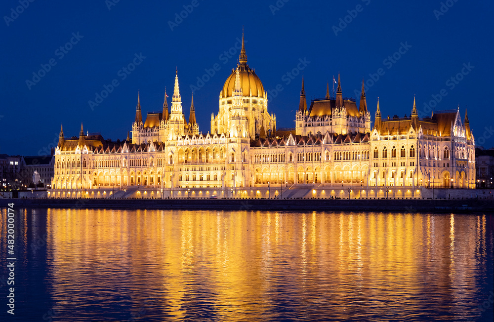 Amazing Hungarian Parliament in the evening. Night landmarks in Budapest, Hungary