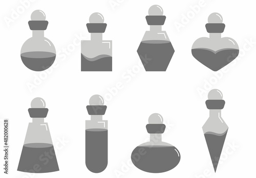 Potion, set of magical, love elixirs in a bottle in one color, elements and stickers for Valentine's Day, artifact or antidote in the game, vector monochrome image.