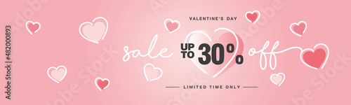 Valentine's Day Sale up to 30 % off handwritten typography lettering line design with many sweet pink hearts Promotion shopping template for Love and Valentine's Day concept