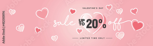 Valentine's Day Sale up to 20 % off handwritten typography lettering line design with many sweet pink hearts Promotion shopping template for Love and Valentine's Day concept