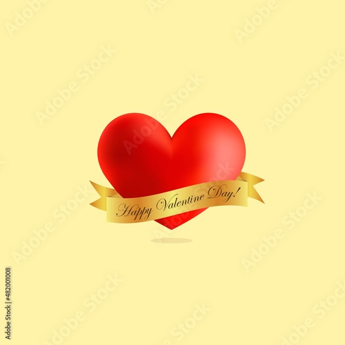 Valentine card, 3D heart with a golden ribbon with a congratulatory text for Valentine's Day