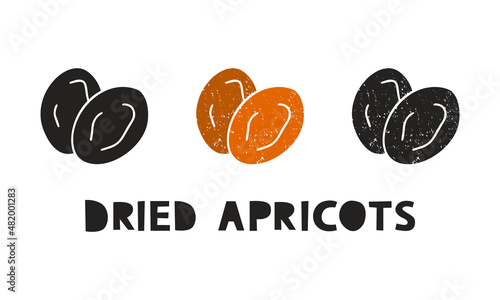Dried apricots, silhouette icons set with lettering. Imitation of stamp, print with scuffs. Simple black shape and color vector illustration. Hand drawn isolated elements on white background