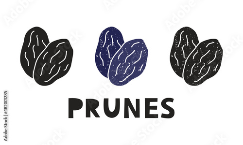 Prunes, silhouette icons set with lettering. Imitation of stamp, print with scuffs. Simple black shape and color vector illustration. Hand drawn isolated elements on white background