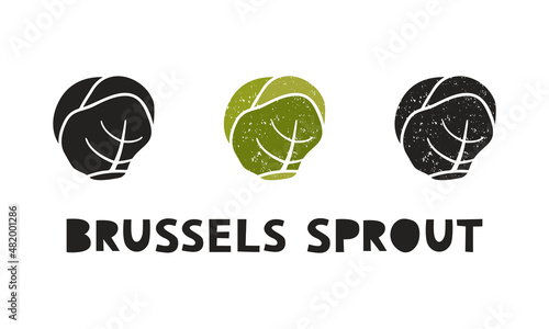 Brussels sprout, silhouette icons set with lettering. Imitation of stamp, print with scuffs. Simple black shape and color vector illustration. Hand drawn isolated elements on white background