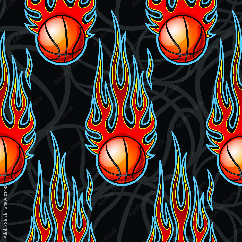 Seamless pattern with basketball balls and tribeal hot rod fire flames. Vector illustration. Ideal for wallpaper, cover, packaging, fabric, textile, wrapping paper design and any kind of decoration.