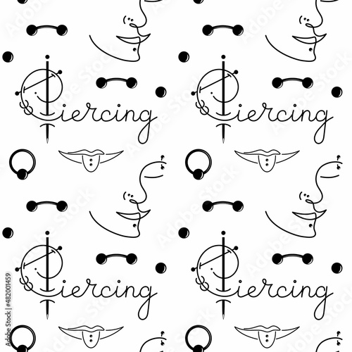 International piercing day. Seamless pattern with body jewelry. Ear, belly, lips pierced.