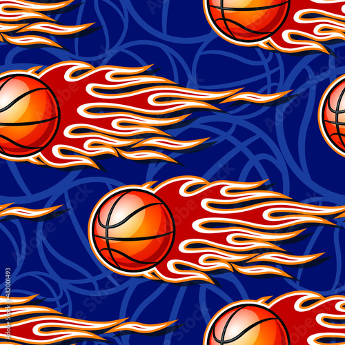 Seamless pattern with basketball balls and tribal hot rod fire flames © Artoholics